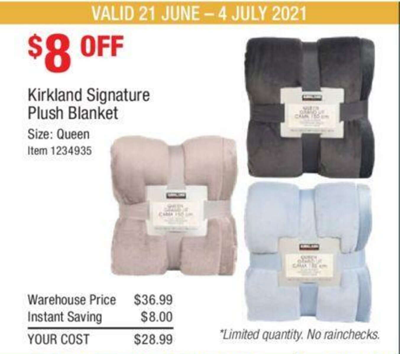 Kirkland Signature Plush Blanket Queen Size offer at Costco