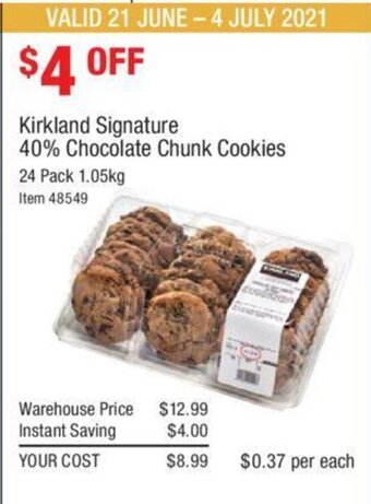 Costco Kirkland Signature 40% Chocolate Chunk Cookies 24 Pack 1.05kg offer