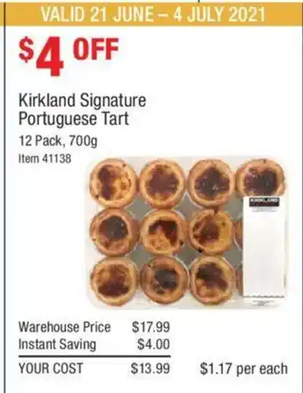 Costco Kirkland Signature Portuguese Tart 12 Pack 700g offer