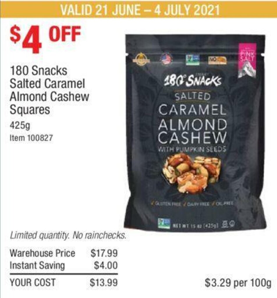 180 Snacks Salted Caramel Almond Cashew Squares 425g offer at Costco