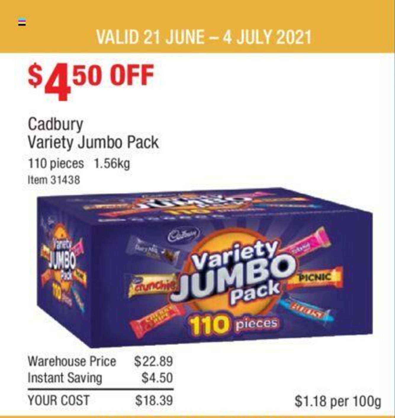 Cadbury Variety Jumbo Pack 110 Pieces 1.56kg offer at Costco