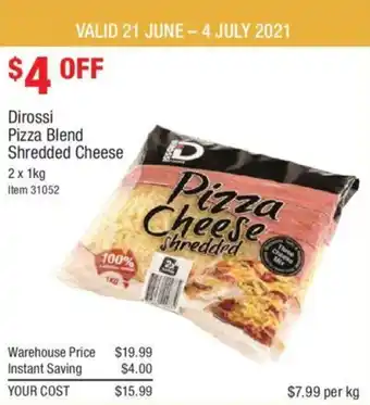 Costco Dirossi Pizza Blend Shredded Cheese 2x1kg offer