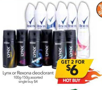 Cheap as Chips Lynx or Rexona Deodorant 100g-150g offer