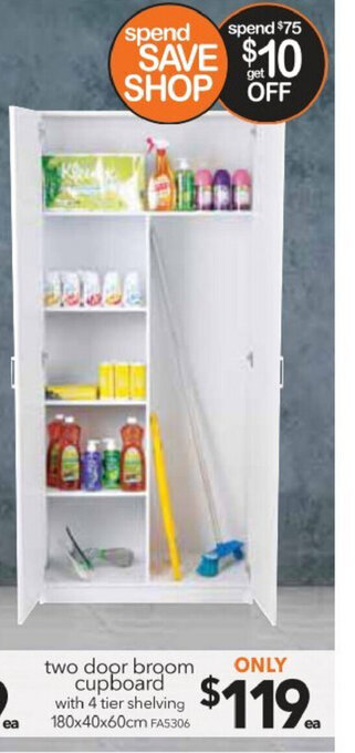 Two Door Broom Cupboard with 4 Tier Shelving 180x40x60cm
