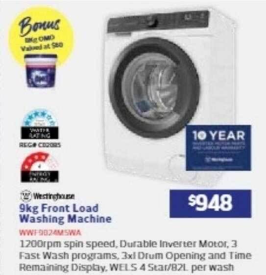 Westinghouse 9kg front load washing machine offer at Retravision