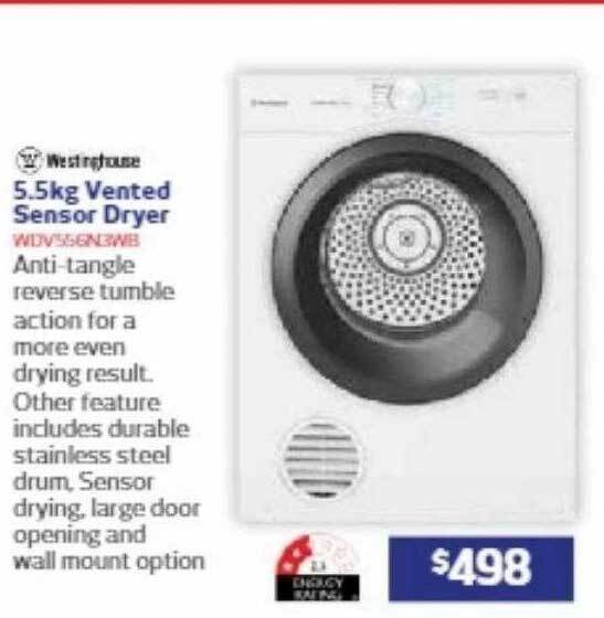 Westinghouse 5.5kg vented sensor dryer offer at Retravision