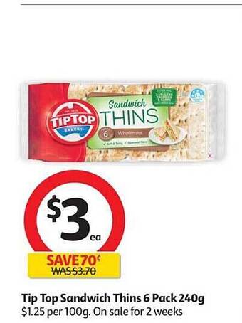 Coles Tip top sandwich thins 6 pack 240g offer