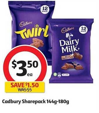 Coles Cadbury sharepack 144g-180g offer