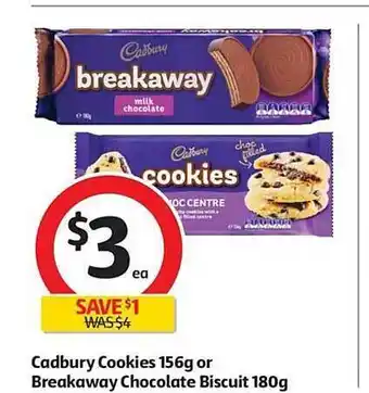 Coles Cadbury cookies 156g or breakaway chocolate biscuit 180g offer