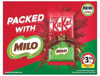 Coles Kit kat milo block 165g or nestlé block chocolate 118g-200g offer