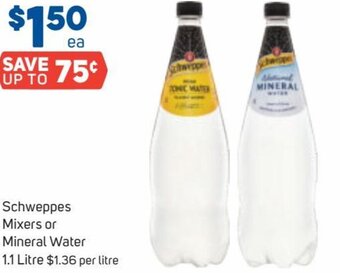 Foodland Schweppes Mixers or Mineral Water 1.1 Litre offer
