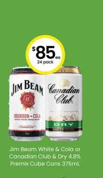 The Bottle O Jim beam white & cola or canadian club & dry 4.8% premix cube cans 375ml offer