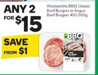 Woolworths Woolworths bbq classic beef burgers or angus beef burgers 450-500g offer