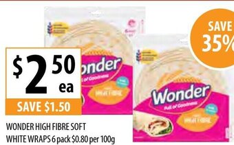 Supabarn Wonder High Fibre Soft White Wraps 6 Pack offer