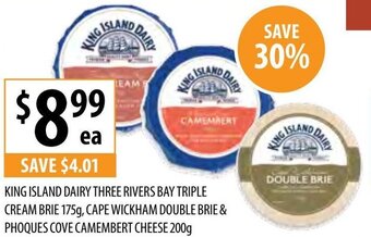 King Island Dairy Three Rivers Bay Triple Cream Brie 175g, Cape Wickham Double Brie & Phoques Cove Camembert Cheese 200g