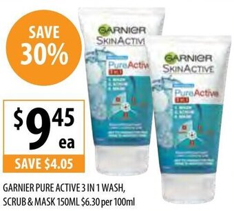 Supabarn Garnier Pure Active 3 In 1 Wash, Scrub & Mask 150ml offer