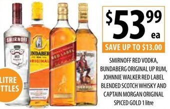 Smirnoff Red Vodka, Bundaberg Original Up Rum, Johnnie Walker Red Label Blended Scotch Whisky And Captain Morgan Original