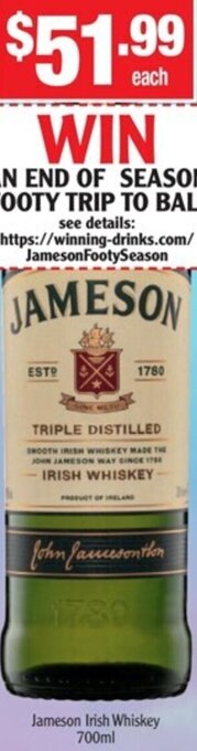 Liquor Stax Jameson Irish Whiskey 700ml offer