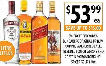 Supabarn Smirnoff red vodka, bundaberg original up rum, johnnie walker red label blended scotch whisky and captain morgan original spi offer