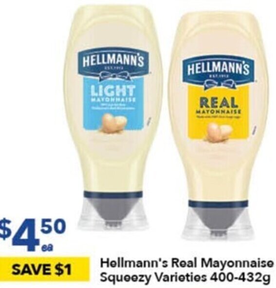 Hellmann's Real Mayonnaise Squeezy Varieties 400432g offer at Ritchies