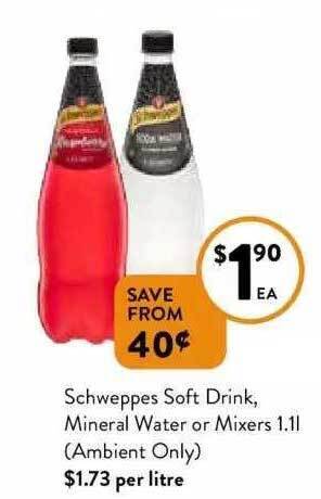 Foodworks Schweppes soft drink, mineral water or mixers (ambient only) offer