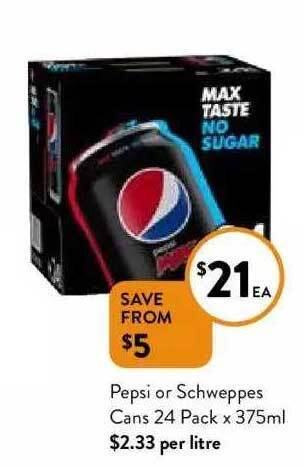 Foodworks Pepsi or schweppes cans offer