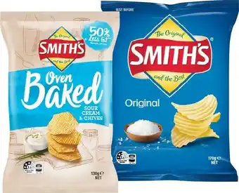 Woolworths Smithu2019s Crinkle Cut Chips 150-170g, Oven Baked Chips 130g, or Poppables 90g offer