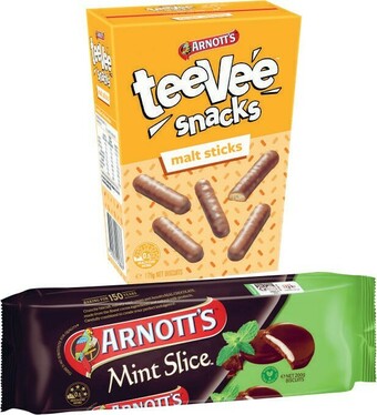 Coles Arnott's Chocolate Tee Vee Snacks, Gaiety or Mint Slice Biscuits 160g-200g offer