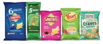 Coles Smithu2019s Chips 6 Pack 114g, Jumpyu2019s Snacks 5 Pack 90g, Smithu2019s Crinkle Cut Potato Chips 150g-170g, Thins Potato Ch offer