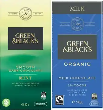 Coles Green & Blacku2019s Smooth or Organic Block Chocolate 90g offer