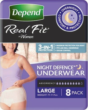 Coles Depend Real Fit For Women Night Defence Underwear Large 8 Pack offer