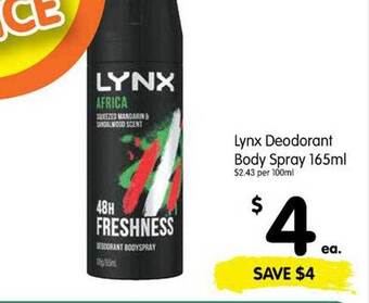Spar Lynx deodorant body spray 165ml offer