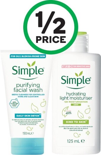 Woolworths Simple daily skin detox purifying facial wash 150ml or simple kind to skin light moisturiser hydrating 125ml offer