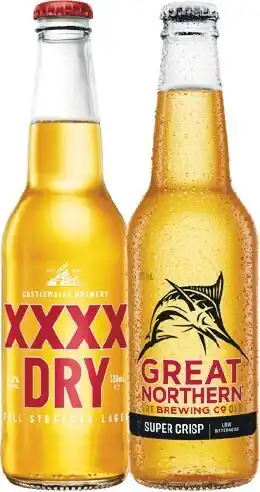 Woolworths Xxxx dry or great northern super crisp bottles 24x330ml offer