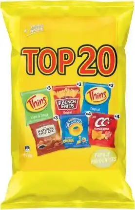 Coles Top 20 variety potato chips 20 pack 375g offer