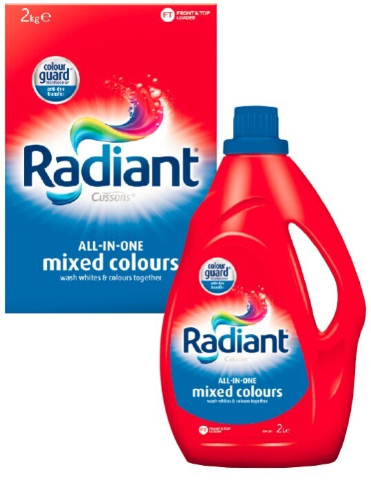 Radiant laundry liquid 2 litre or powder 2kg offer at Coles