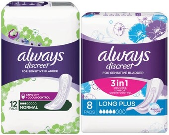 Always discreet incontinence pads long plus 8 pack or normal 12 pack