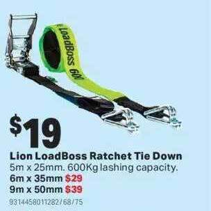Mitre 10 Lion loadboss ratchet tie down offer