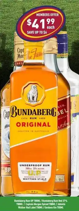 Bundaberg rum up bundaberg run re 37% captain morgan spiced johnnie walker red label gordons gin