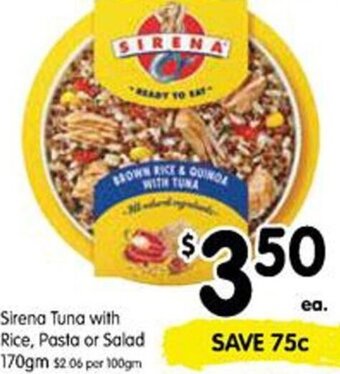 Spar Sirena Tuna with Rice, Pasta or Salad 170gm offer