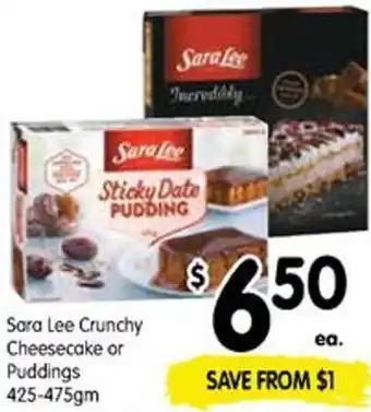 Spar Sara Lee Crunchy Cheesecake or Puddings 425-475gm offer