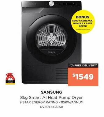 Bing Lee Samsung 8 kg smart al heat pump dryer offer