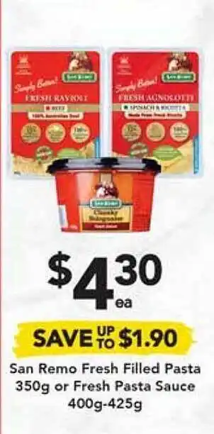 Drakes San remo fresh filled pasta or fresh pasta sauce offer