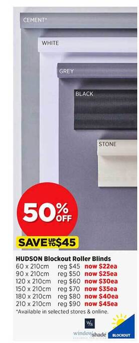 Spotlight Hudson blockout roller blinds offer