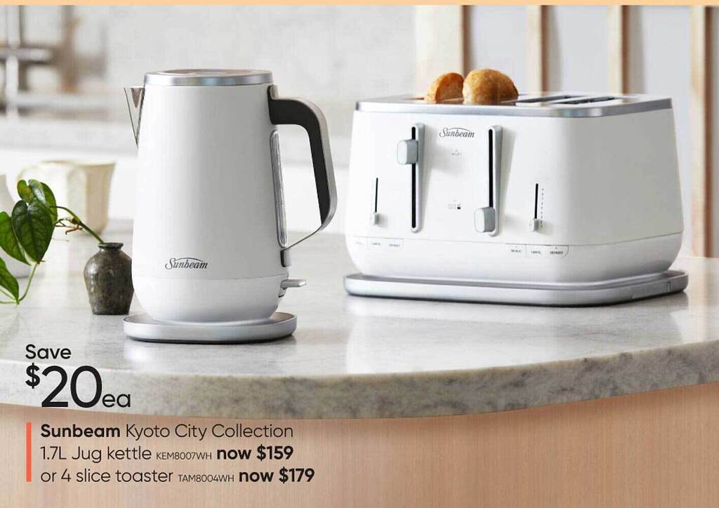 Sunbeam kyoto city colletion 1.7l jug kettle or 4 slice toaster offer