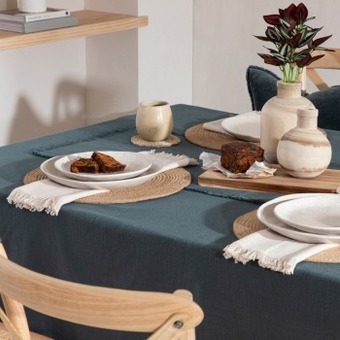 Pillow Talk Ashra fringed dusty teal table linen range by m.u.s.e. offer