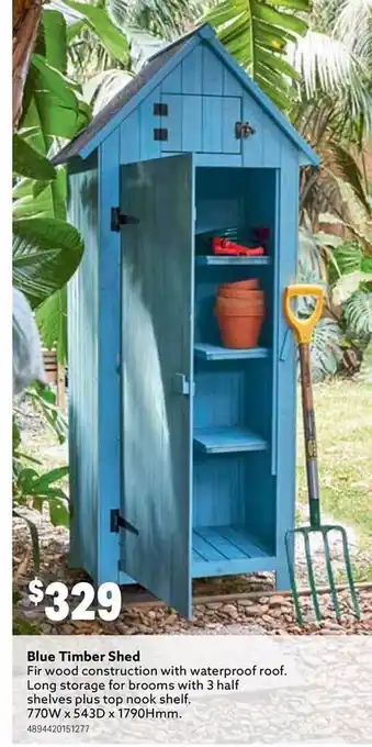 Mitre 10 Blue timber shed offer