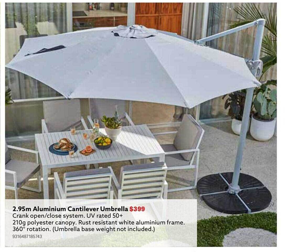 2.95m aluminium cantilever umbrella offer at Mitre 10