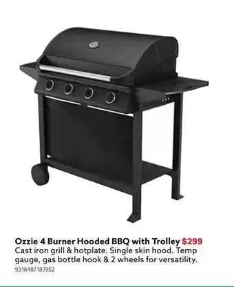 Mitre 10 Ozzie 4 burner hooded bbq with trolley offer