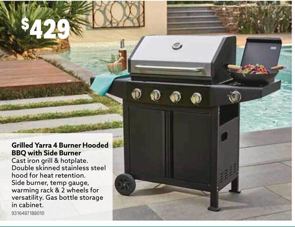 Grilled yarra 4 burner hooded bbq with side burner offer at Mitre 10